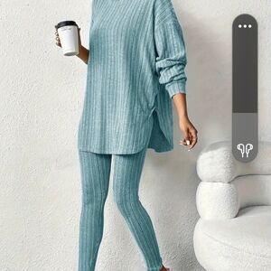 Cozy Ribbed Knit Lounge Set in Blue